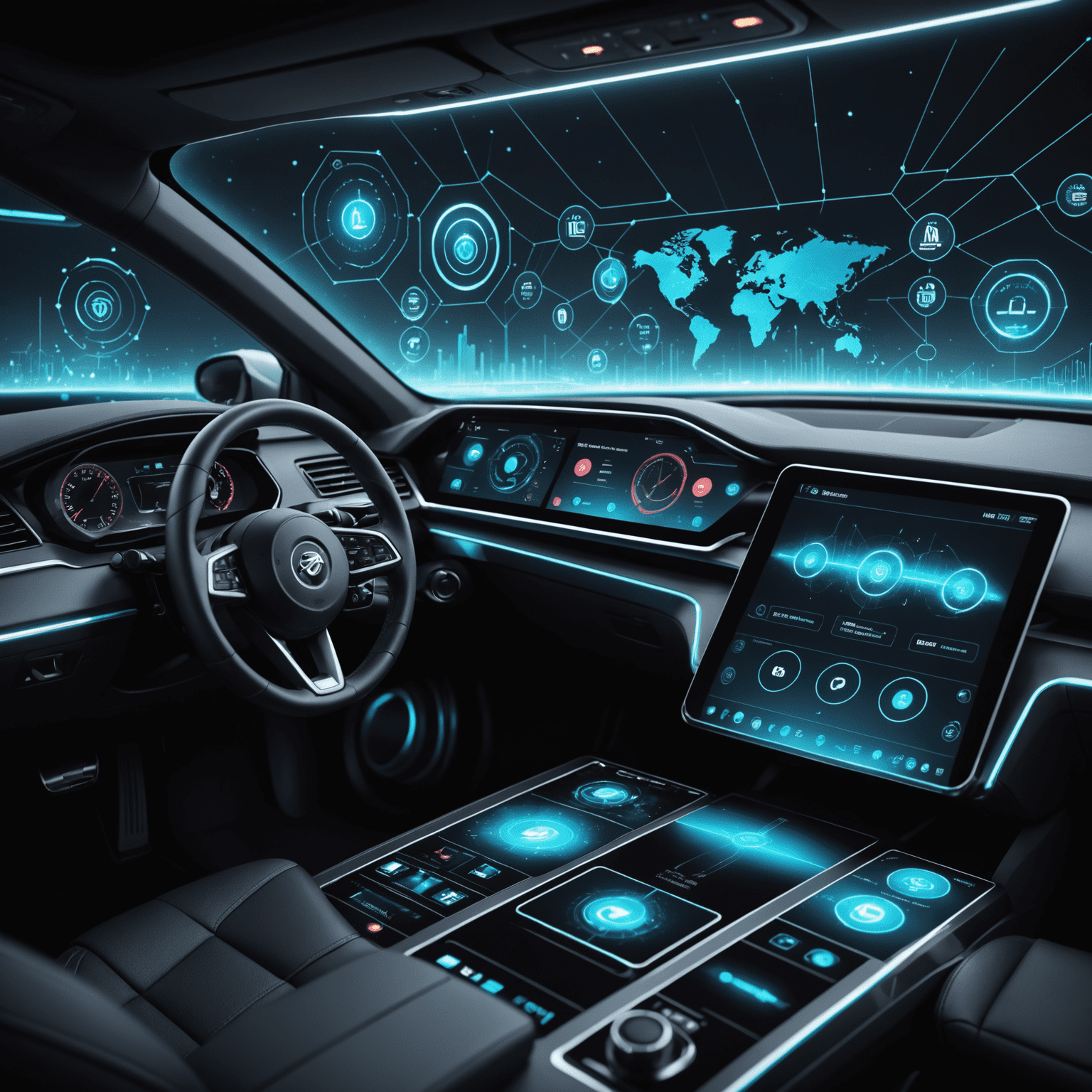 Imagen conceptual de una estrategia de contenido digital, mostrando un tablero futurista con gráficos holográficos, iconos de redes sociales y flujos de datos