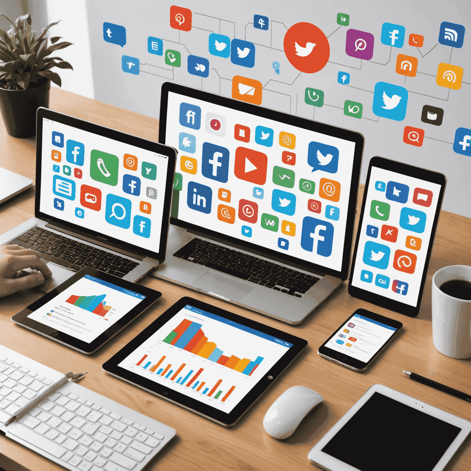Imagen que muestra varias pantallas de dispositivos con iconos de redes sociales brillantes y gráficos de crecimiento, representando el poder de las redes sociales en el lanzamiento de negocios online