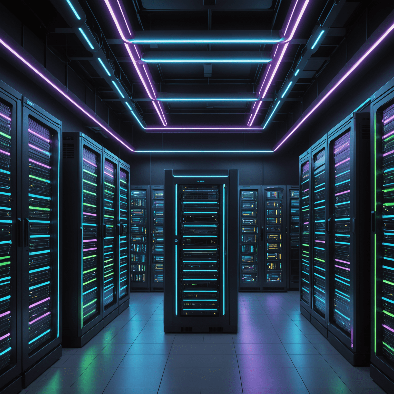 Imagen que muestra una representación visual de diferentes opciones de hosting web. Se ven servidores futuristas con luces de neón, conectados por líneas de datos brillantes. Cada servidor representa una opción de hosting diferente, con iconos que indican sus características únicas.