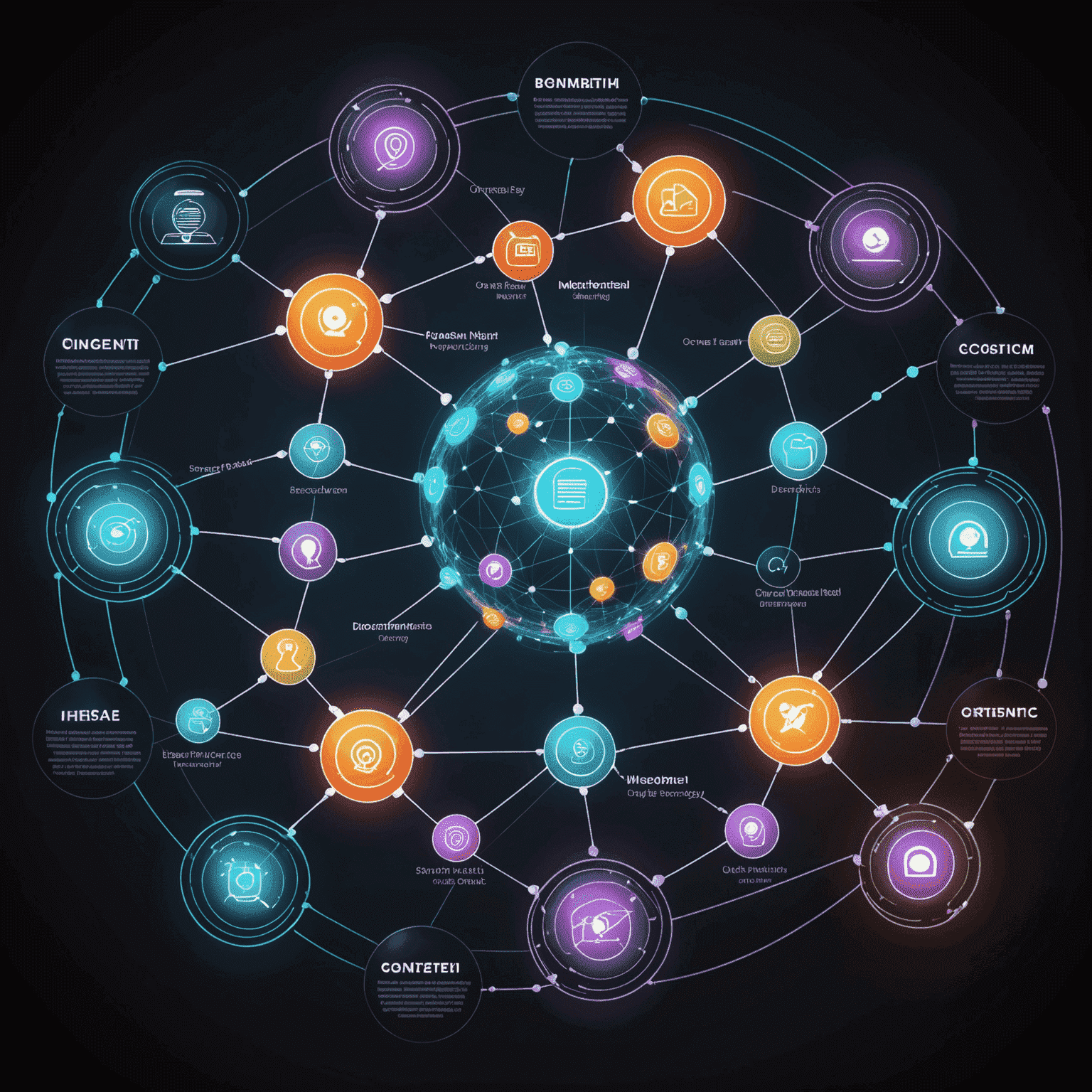 Imagen que muestra un mapa mental futurista de una estrategia de contenido. Los nodos del mapa están representados por esferas holográficas conectadas por líneas de luz. Cada esfera contiene un icono que representa diferentes tipos de contenido: blogs, videos, infografías, etc. El centro del mapa muestra un logotipo brillante que simboliza la marca del negocio.